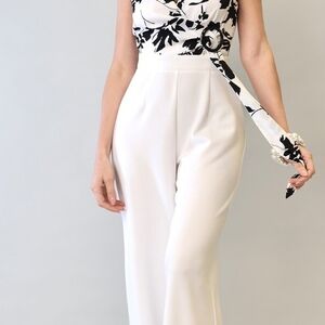 High-Waist White Wide-Leg Jumpsuit with Black Floral Top